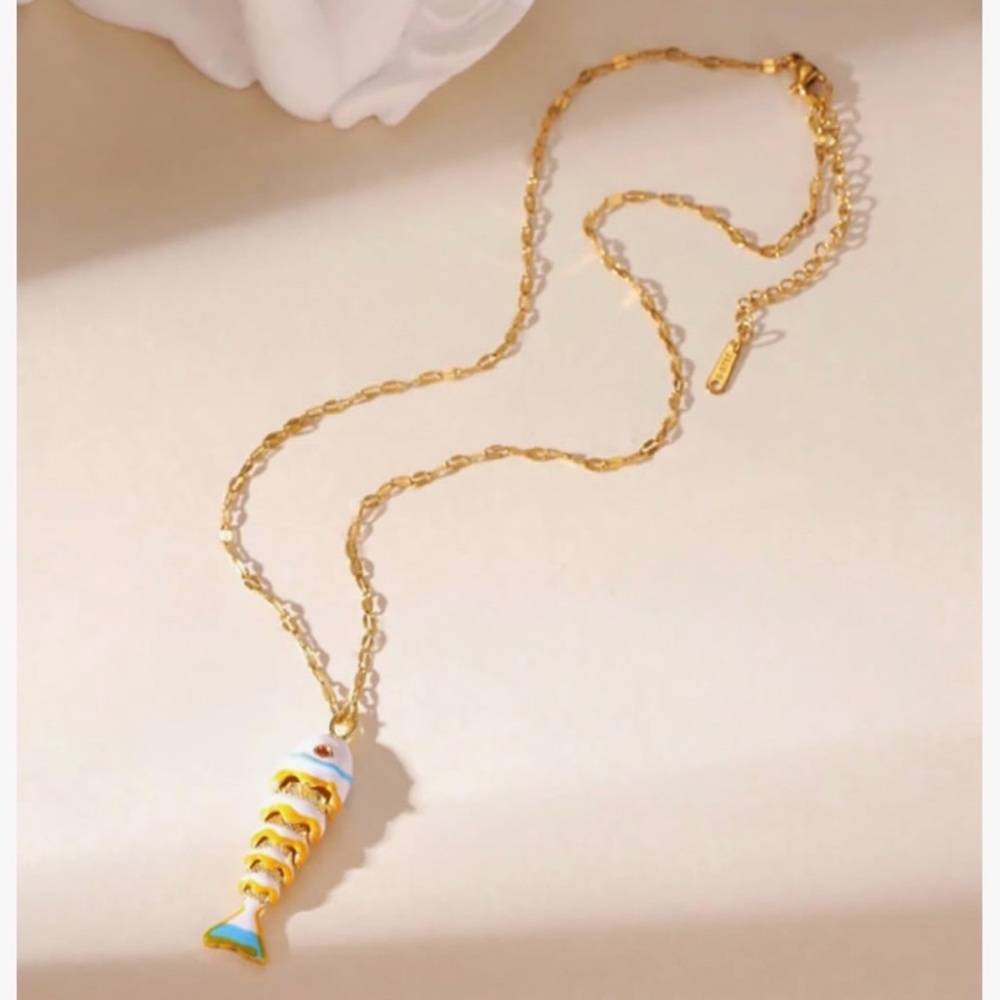 Anthropologie Gold and White Enamel Fish Pendant Necklace with Blue Accent - Picture 3 of 4